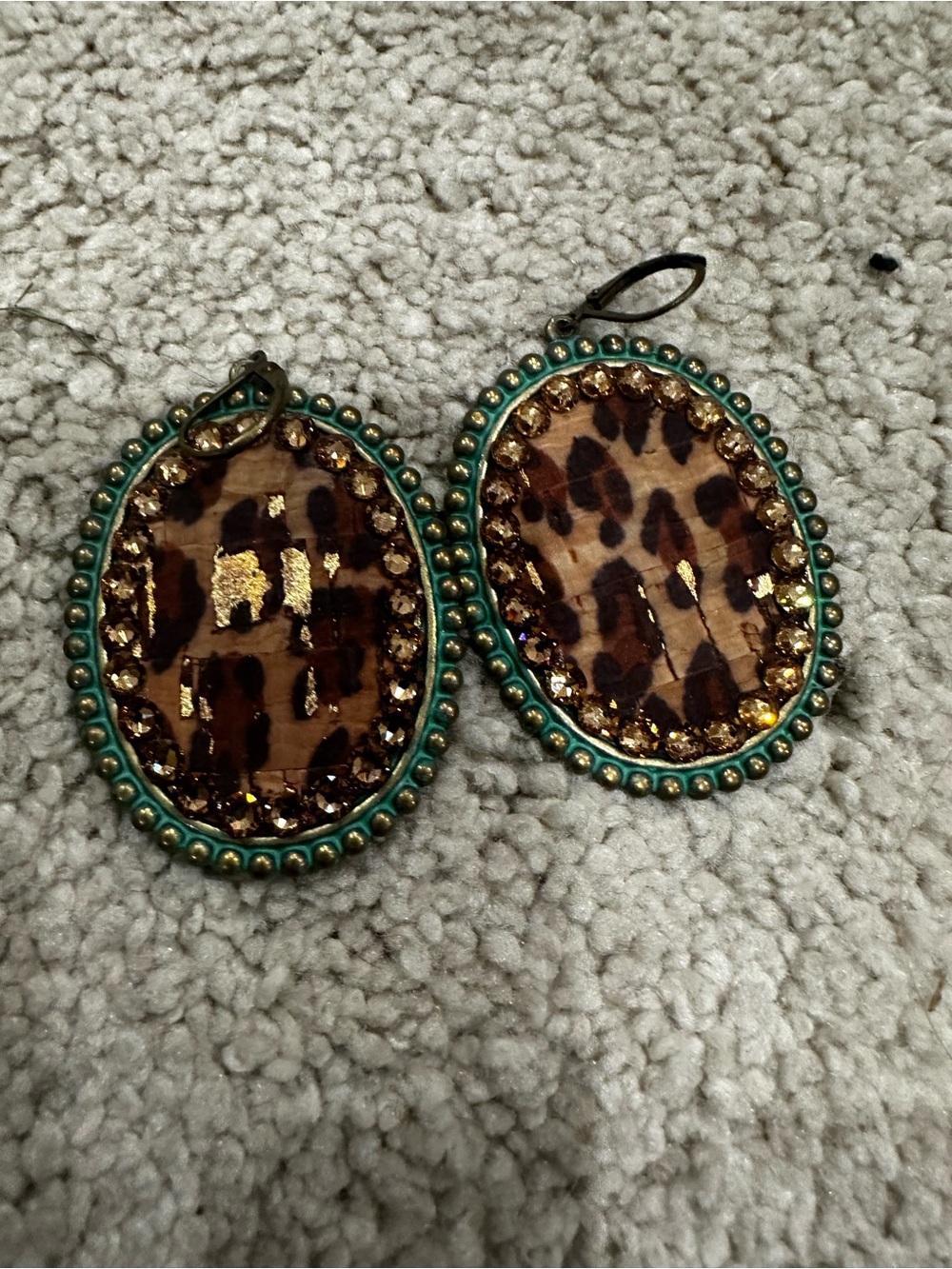 Leopard Oval Drop Earrings with Teal Beaded Trim